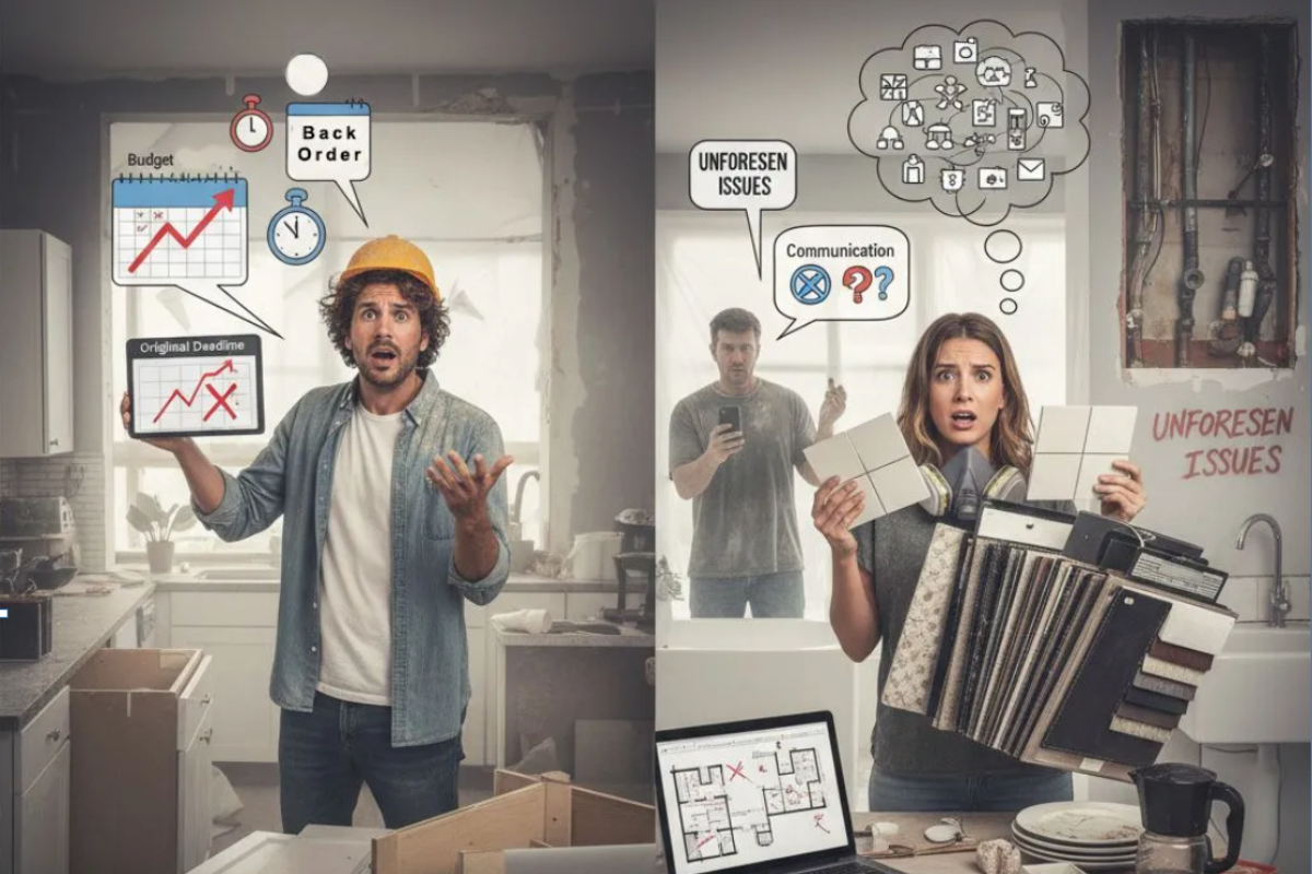 “A stressed couple standing amid a chaotic kitchen renovation with unfinished cabinetry, tools, and 