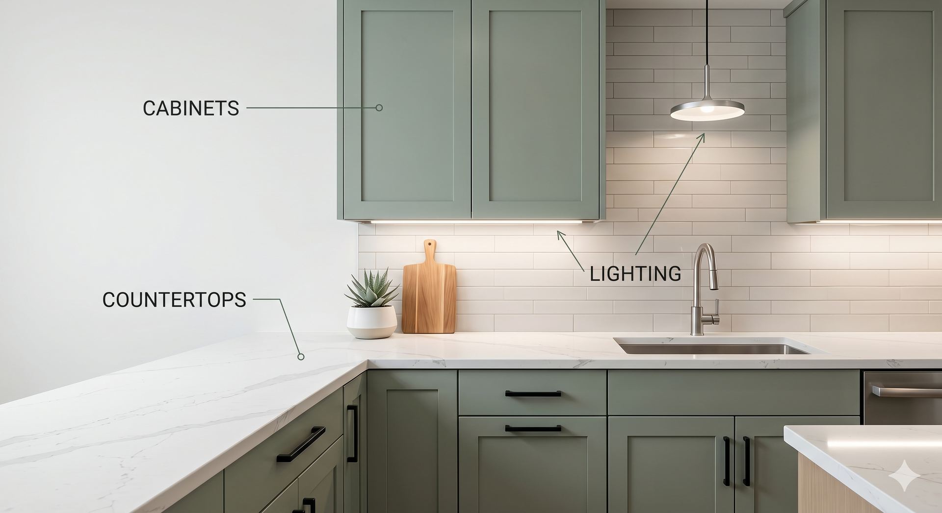 Modern kitchen design showing how cabinets, countertops, and lighting work together. Soft green shak