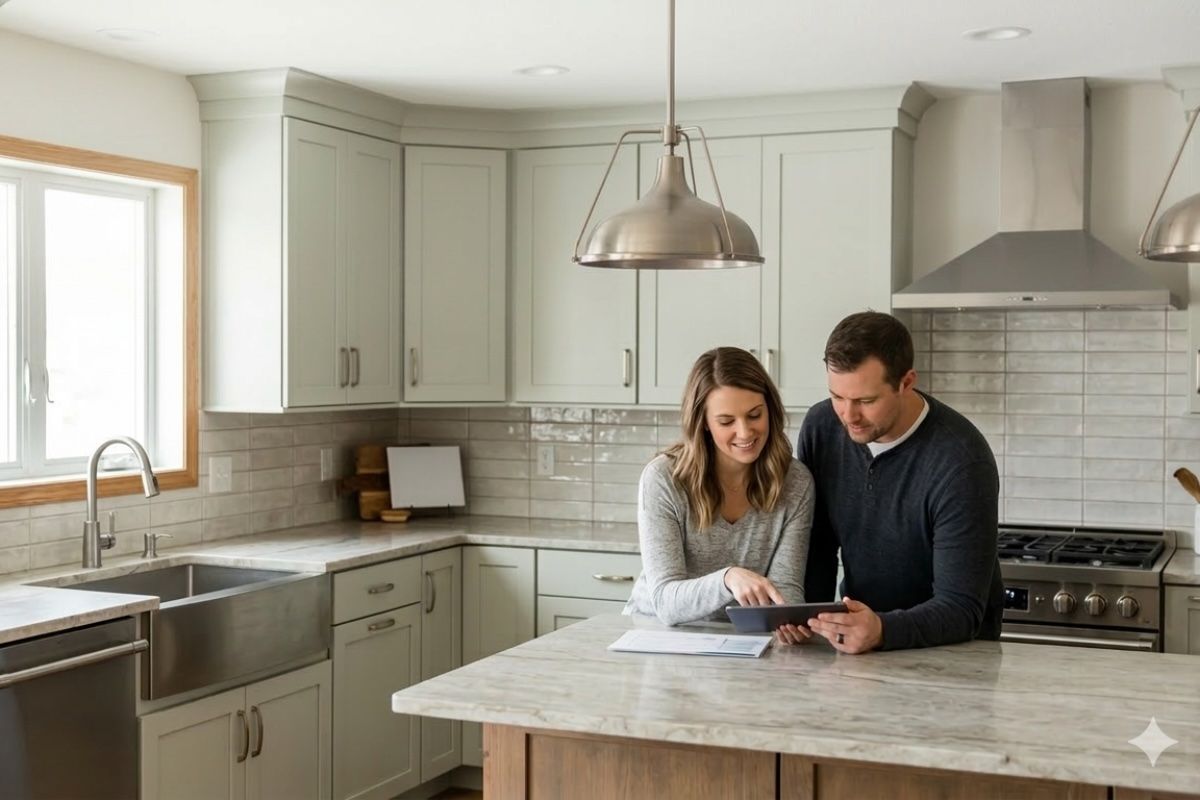 Couple reviewing kitchen remodel plans in a bright modern Iowa kitchen by Kitchens By Design