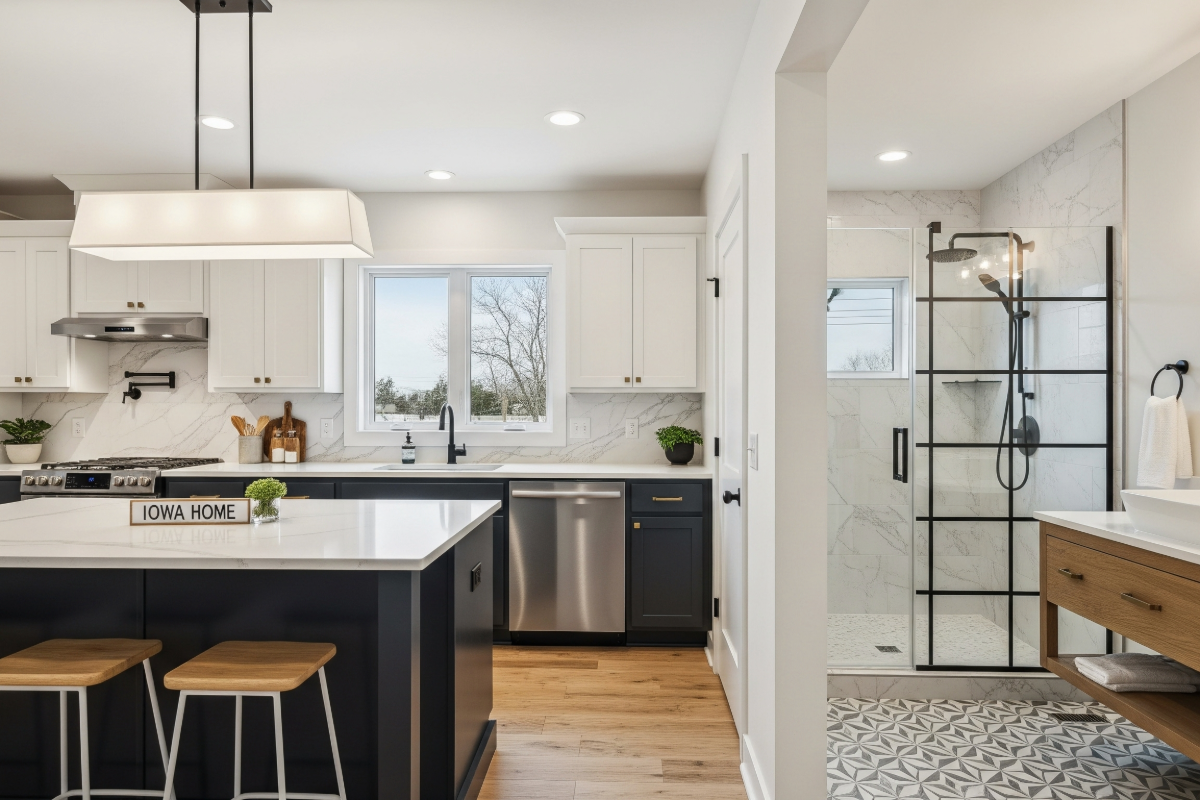 Kitchens or bathrooms Modern kitchen remodel with quartz countertops and center island in Iowa home