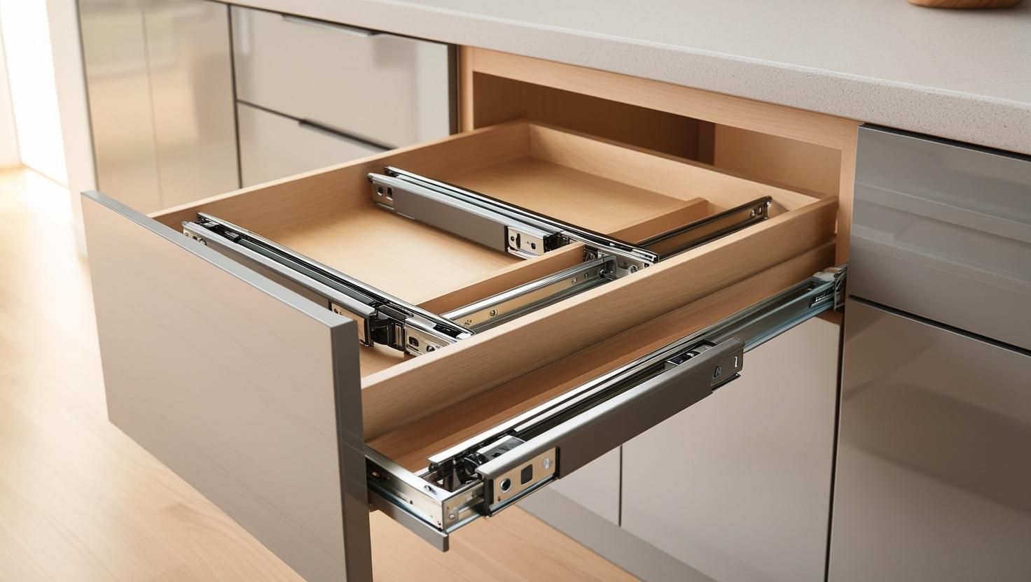 Guide explaining full-extension drawer slide benefits, types, and installation in modern kitchen cab