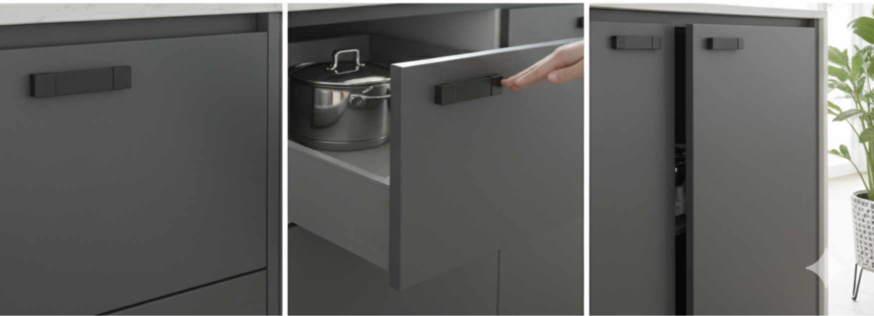 Soft-close cabinet hinge and drawer slide installation showing smooth closing action in kitchen 