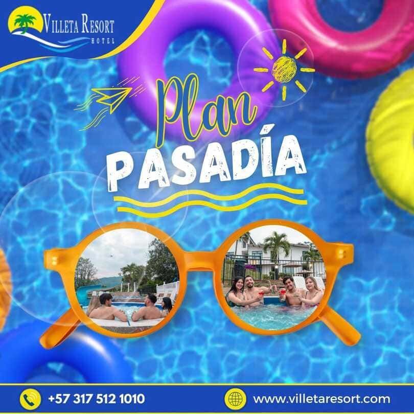 Anuncio de plan de día de piscina: Villeta Resort, piscina con flotadores, gafas de sol mostrando personas, amarillo, morado, azul.