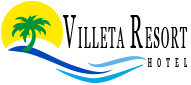 Logotipo del hotel Villeta Resort: una palmera con un sol amarillo, olas azules y texto negro.