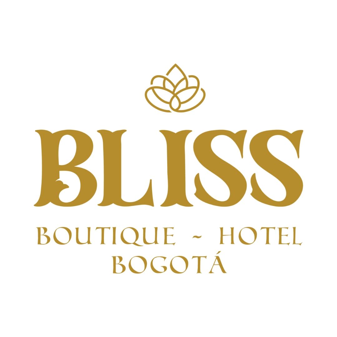 Logotipo dorado del Bliss Boutique Hotel Bogotá: icono floral sobre "BLISS" y el texto "BOUTIQUE - HOTEL BOGOTÁ".