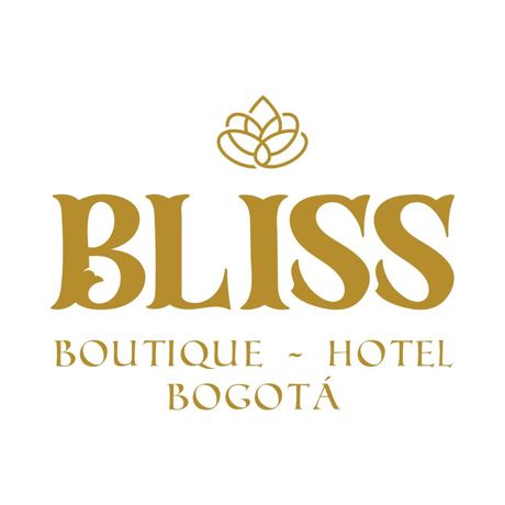 Logotipo dorado del Bliss Boutique Hotel Bogotá: icono floral sobre "BLISS" y el texto "BOUTIQUE - HOTEL BOGOTÁ".