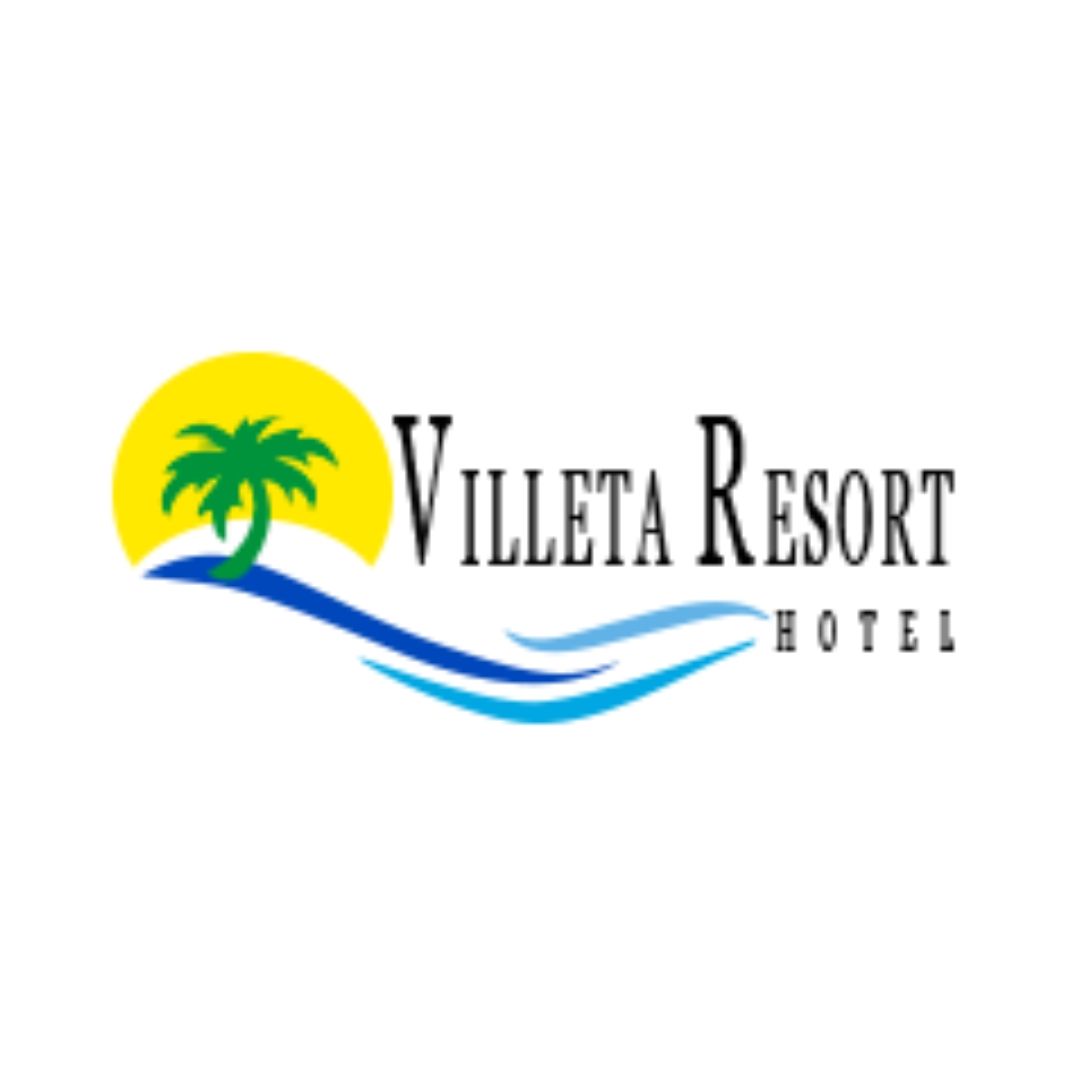 Logotipo: Palmera sobre un sol amarillo con olas azules, texto "Villeta Resort HOTEL".