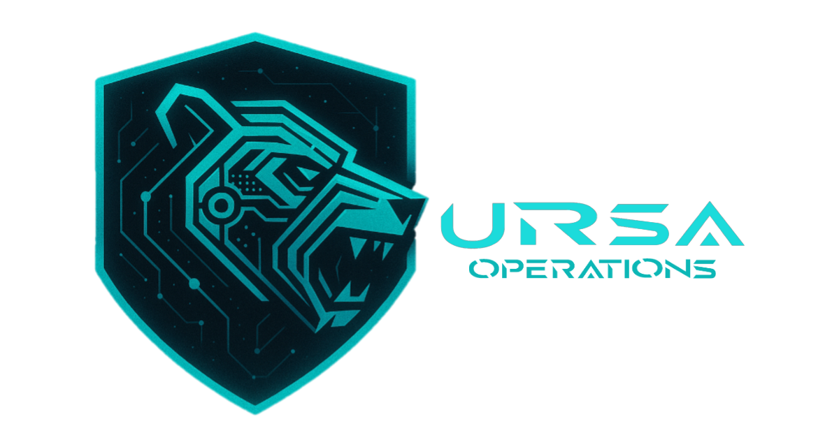 Logo for URSA Operations: a teal shield with a bear's head featuring circuit board lines. 