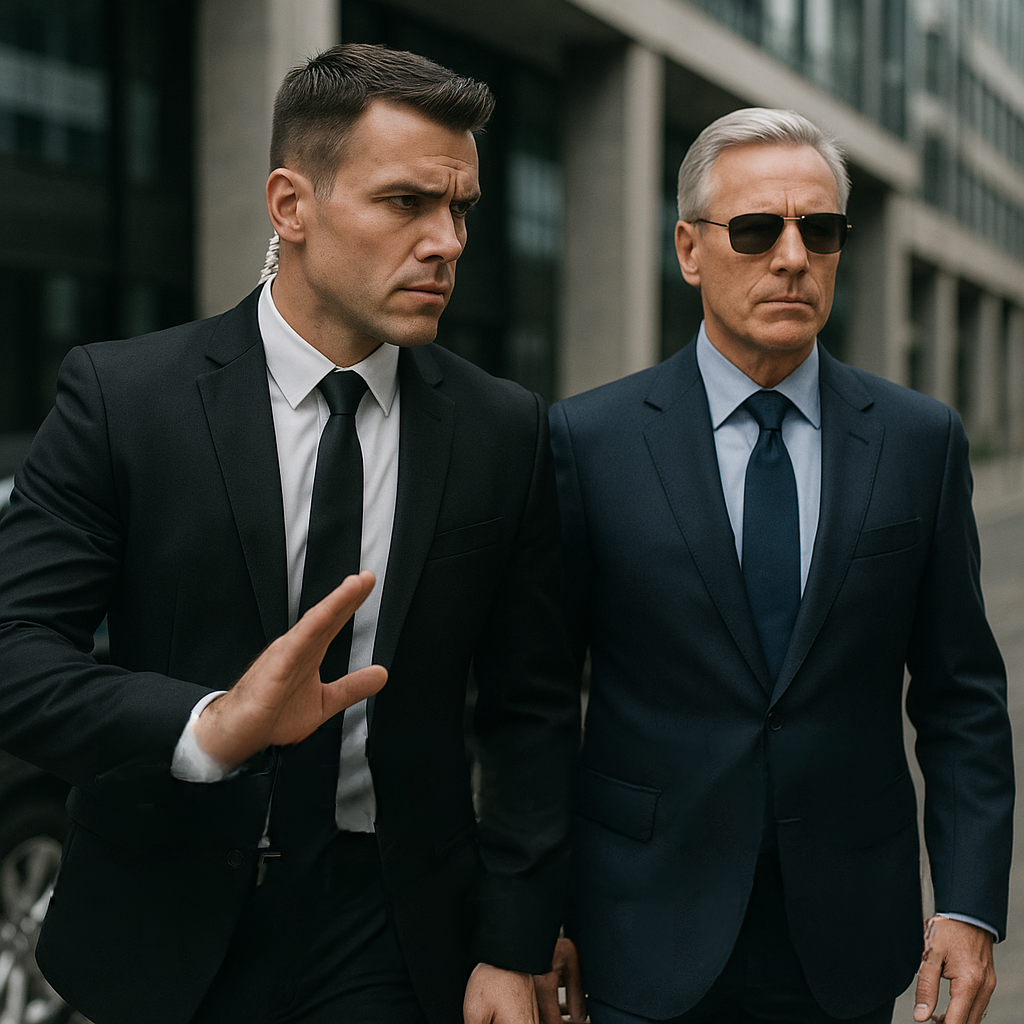 A man in a suit being escorted by a bodyguard; both walking outside a building. The bodyguard gestures with his hand.
