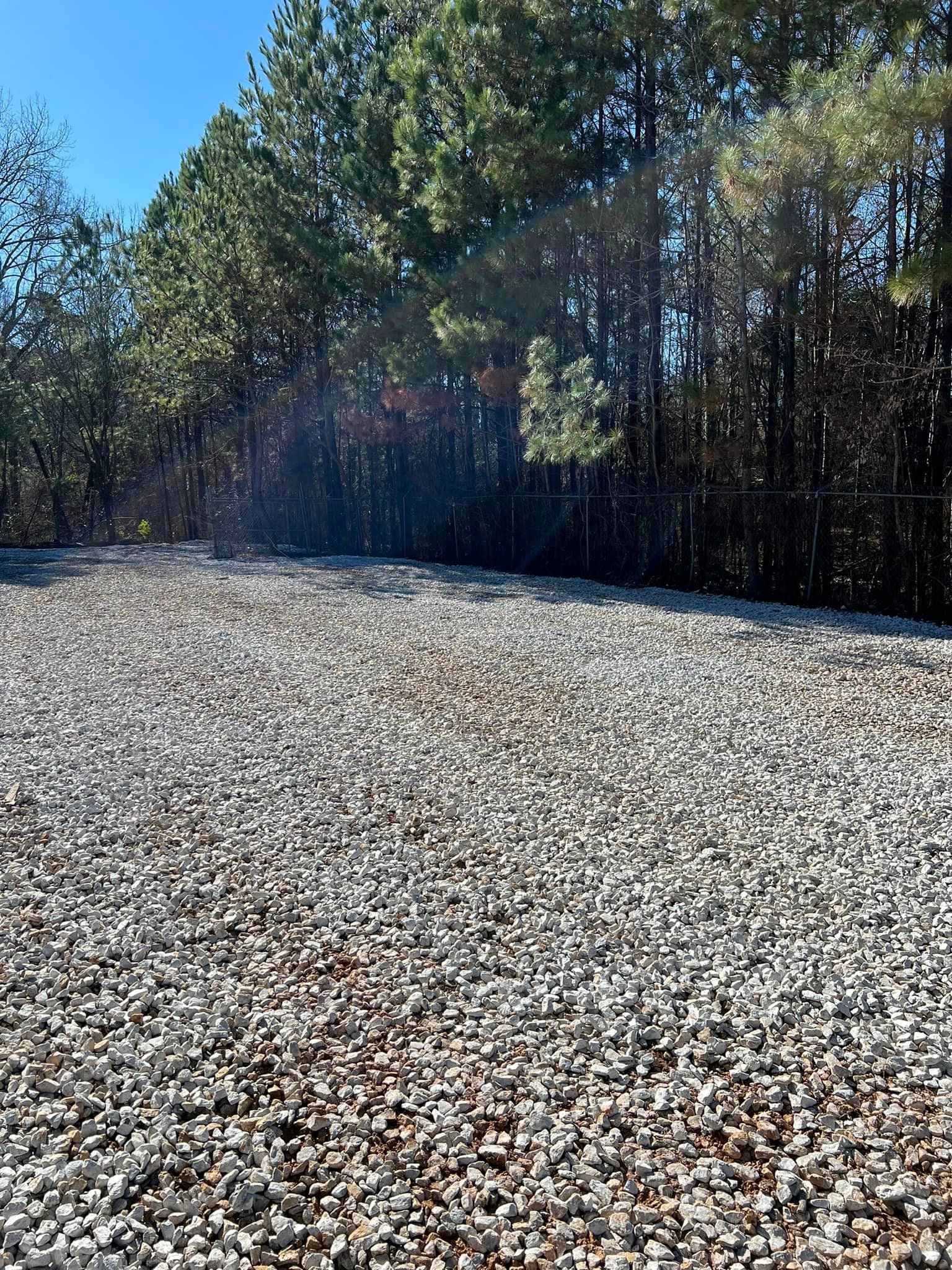 A large pile of gravel is sitting in the middle of a forest.