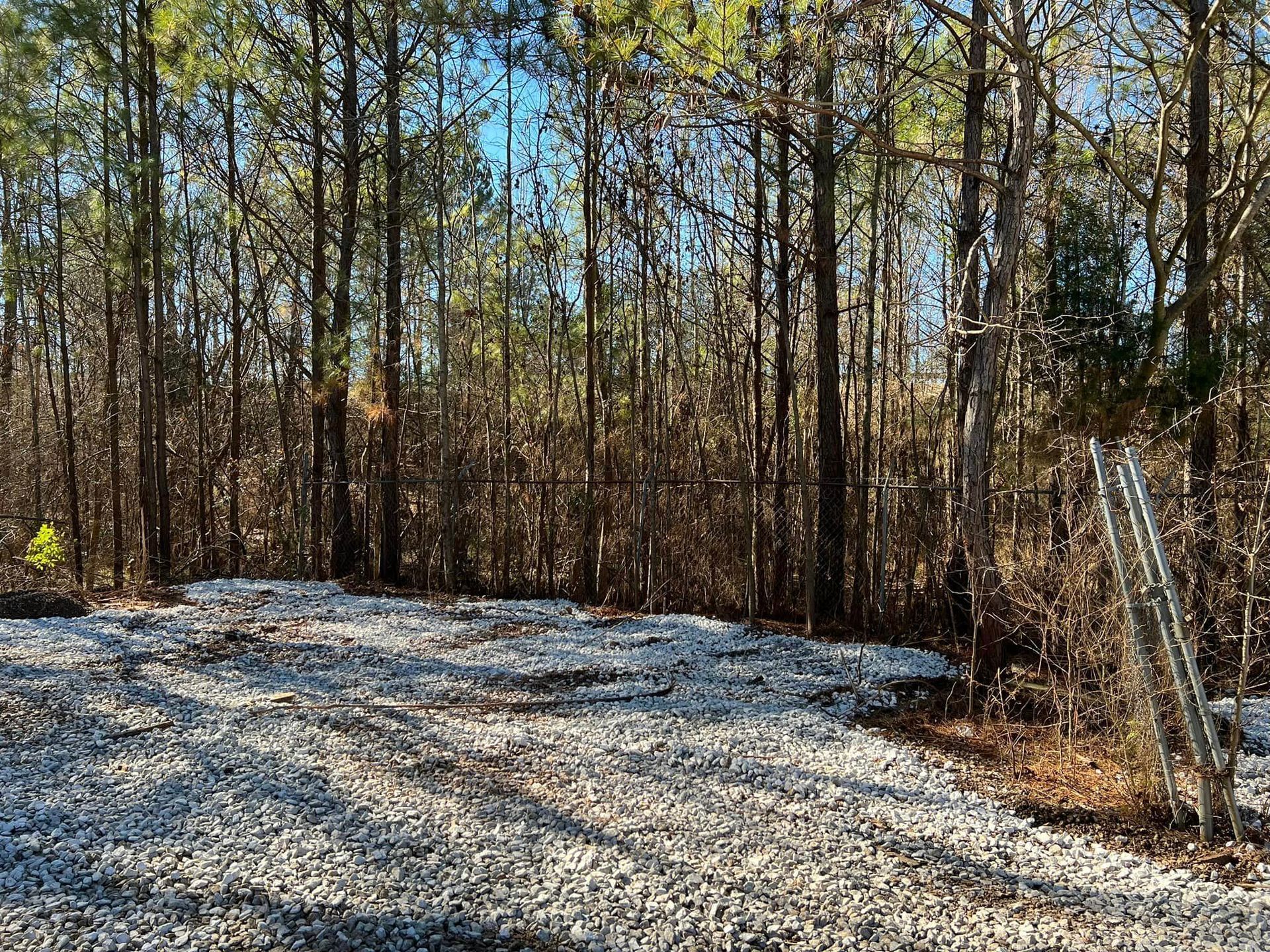 There is a lot of gravel in the middle of the woods.