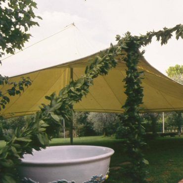Tenda gialla con vegetazione decorativa; ciotola bianca in primo piano, ambiente erboso all'aperto.