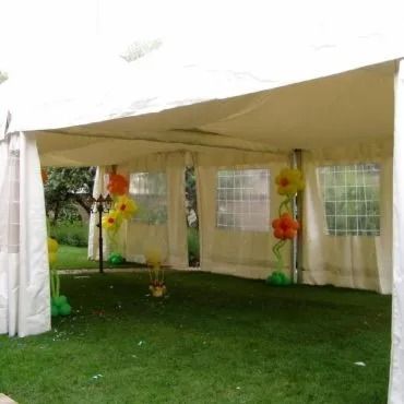 Tenda bianca allestita su un prato erboso, decorata con composizioni di palloncini a forma di fiori.