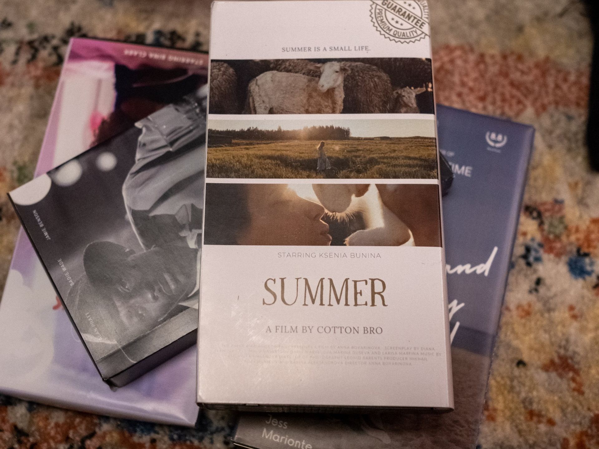 Various DVDs stacked, including one labeled 