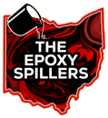 Black and red Ohio-shaped logo with a tipped paint can and the words “THE EPOXY SPILLERS”