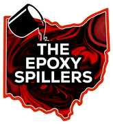 Black and red Ohio-shaped logo with a tipped paint can and the words “THE EPOXY SPILLERS”