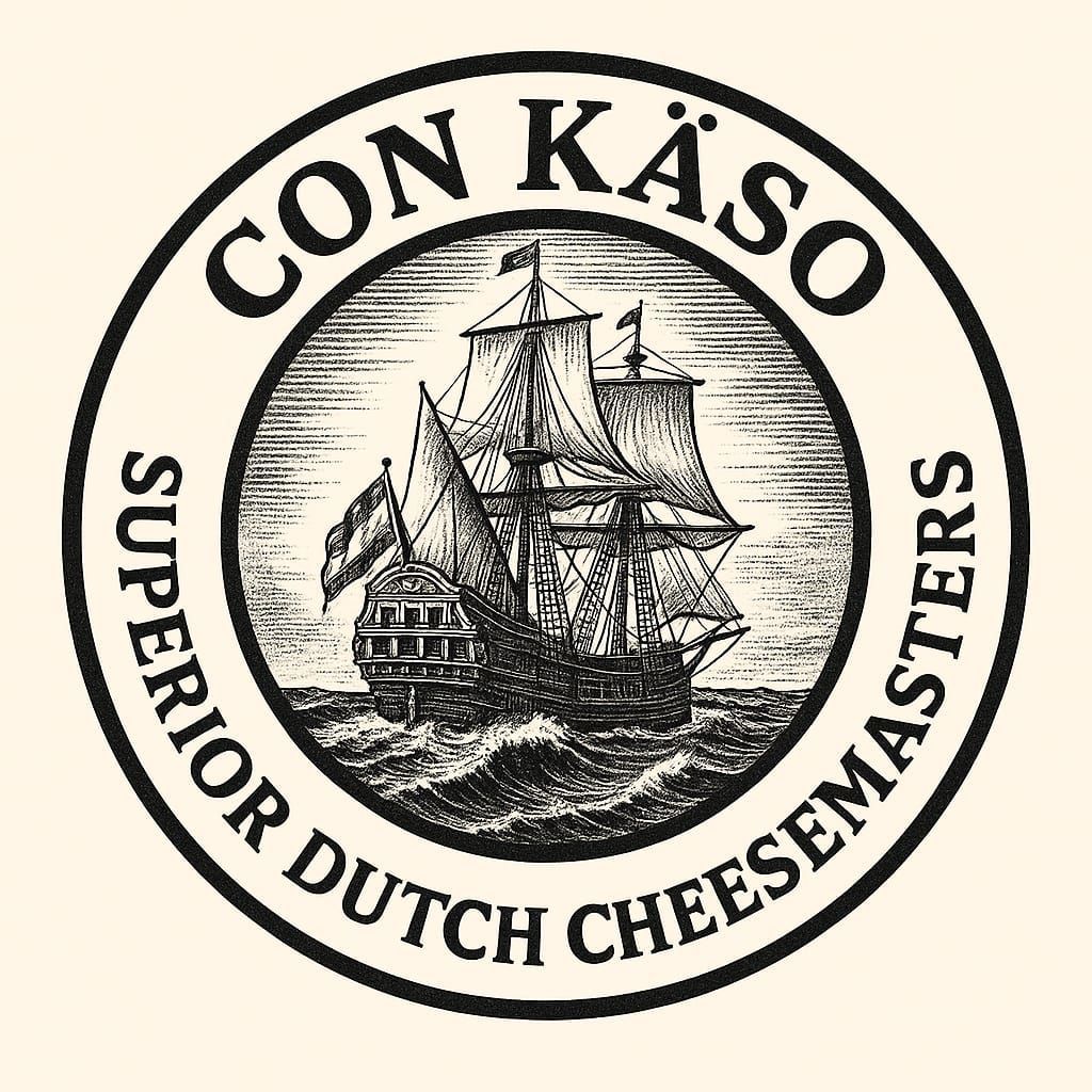 Logo: Illustration eines Segelschiffs in einem kreisförmigen Design; Text lautet „Con Käso Superior Dutch Cheesemasters“.