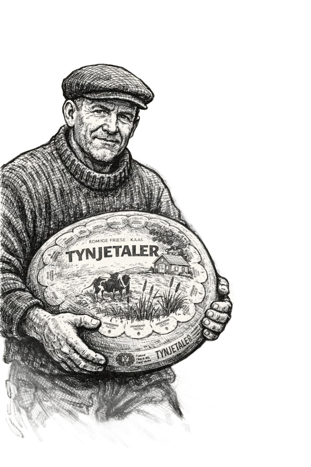 Ein großer gelber Käselaib auf einem Holzständer, im Hintergrund eine Skala. Darüber hängt eine Zeichnung.