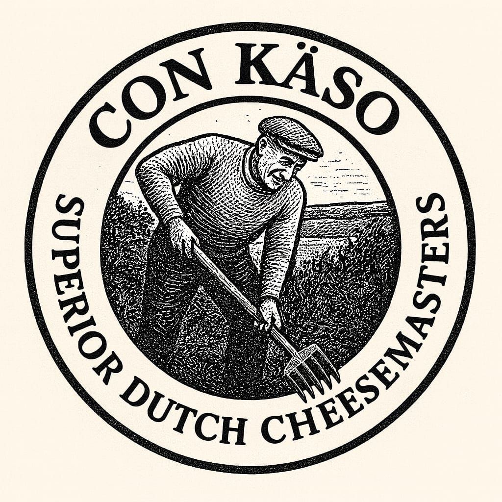 Rundes Logo mit „Con Käso“ und „Superior Dutch Cheesemasters“. Bauer bei der Feldarbeit.
