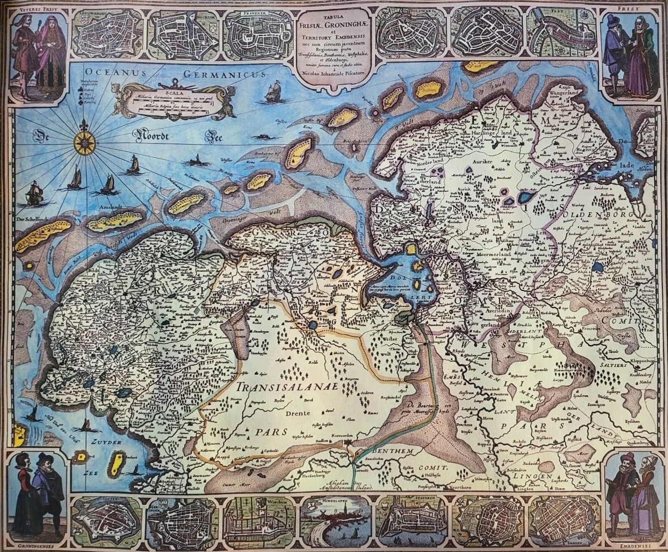 Antike, farbenfrohe Karte der Nordseeküste mit detaillierten Abbildungen von Land, Meer und Schiffen.