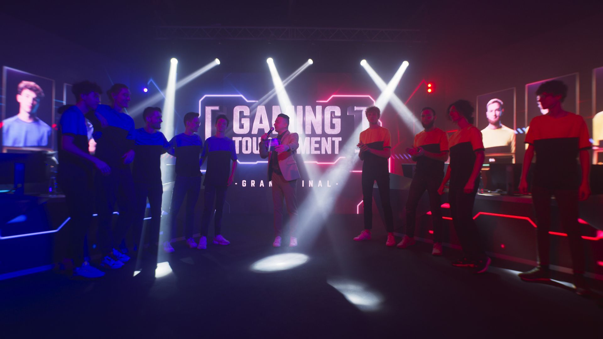 a group of people are standing in front of a sign that says gaming tournament