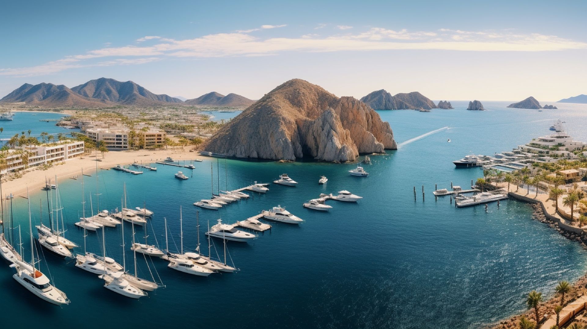 An aerial view of a harbor filled with boats and mountains in the background.