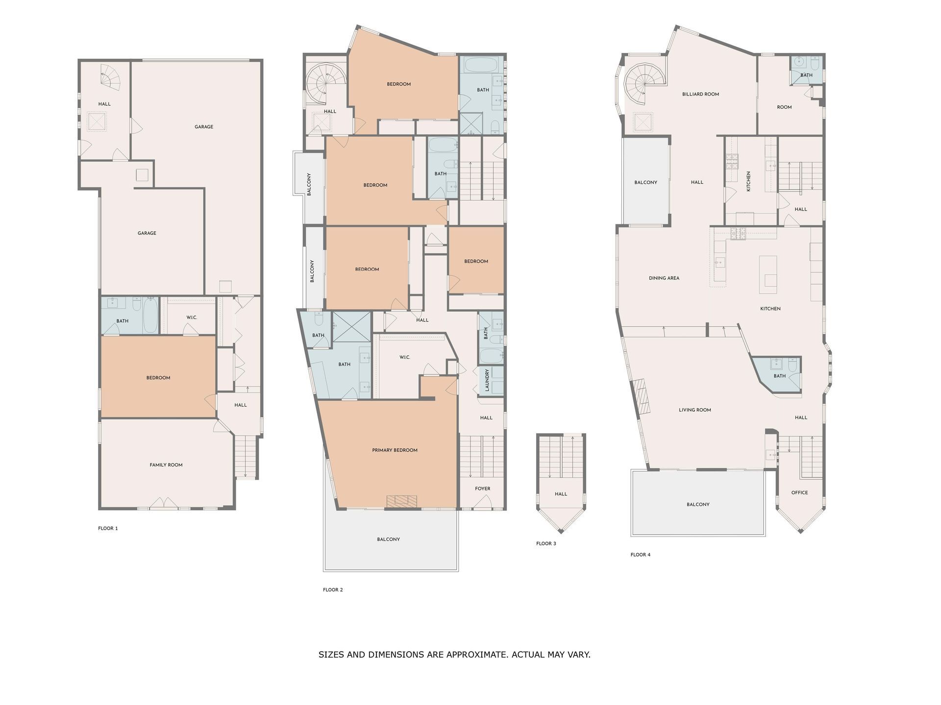 Three floor plans of a house on a white background