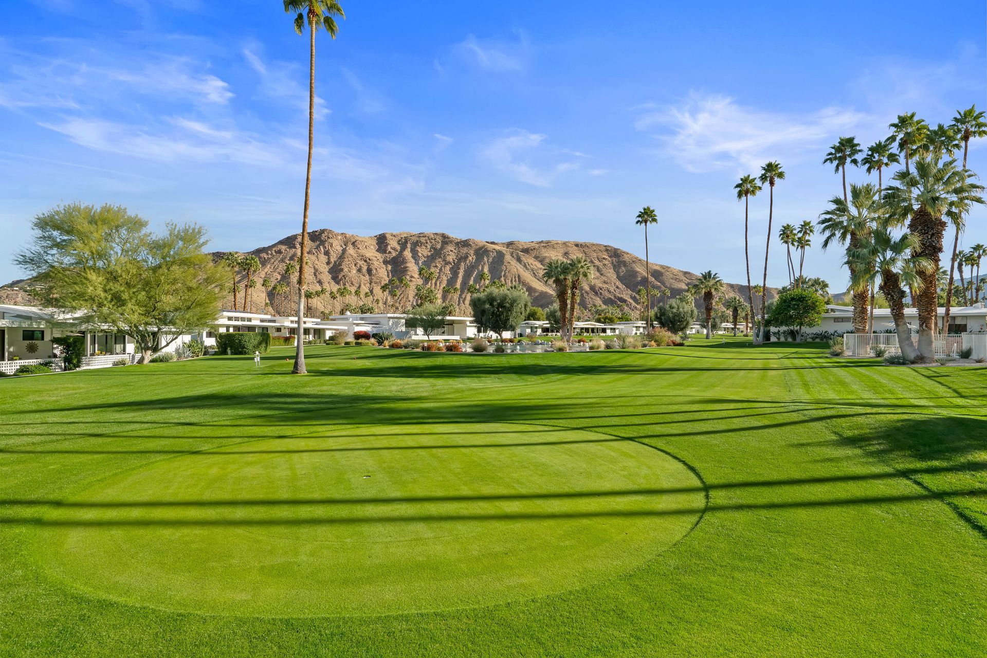 a golf course with a mountain in the background and palm trees