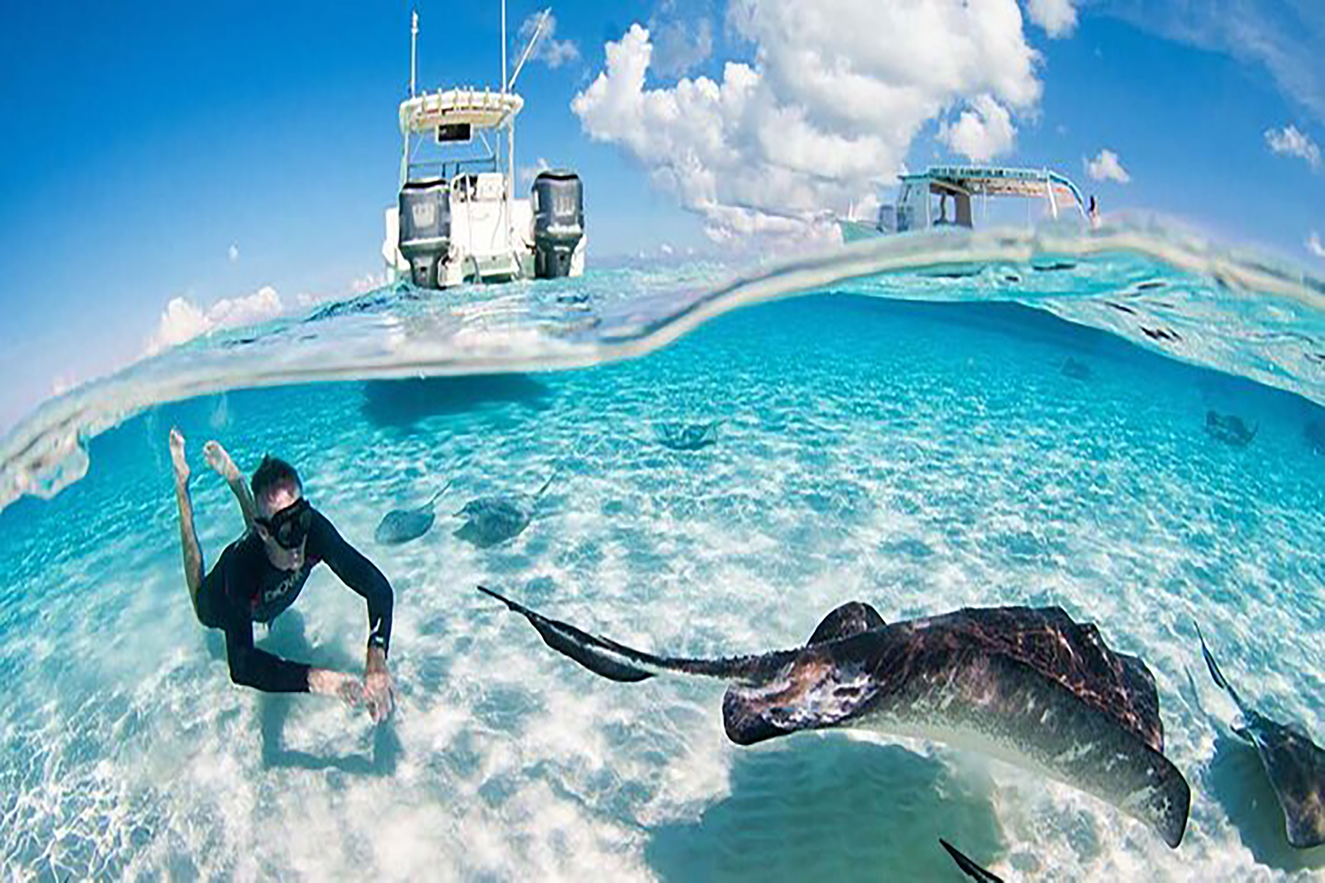 a man is swimming in the ocean next to a stingray