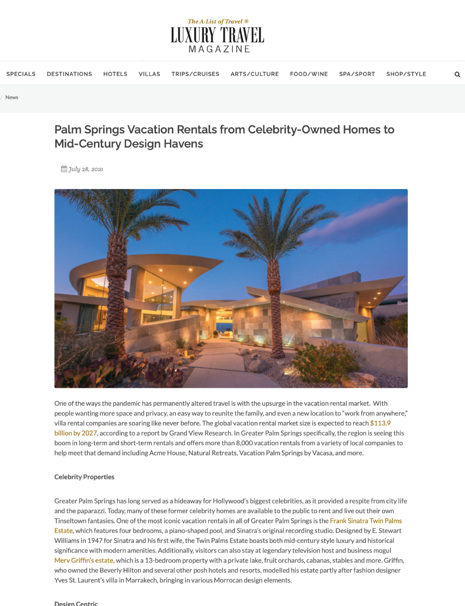 a luxury travel magazine article about palm springs vacation rentals from celebrity-owned homes to mid-century design havens