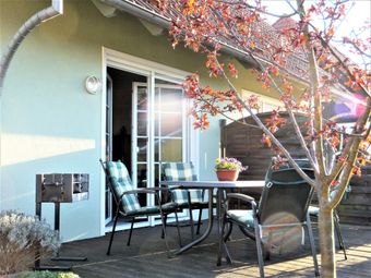 Gartenhaus und Terrassenansicht mit Möbeln und Grill