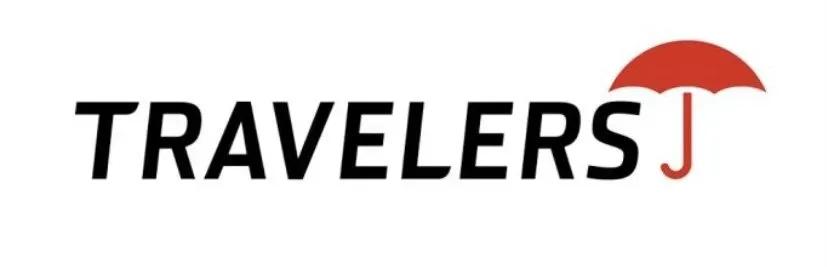 Travelers Insurance logo: Black text with a red umbrella graphic.