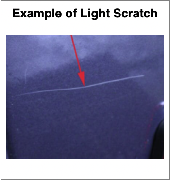 Light scratch on a blue car's painted surface, shown with a red arrow pointing to the damage.