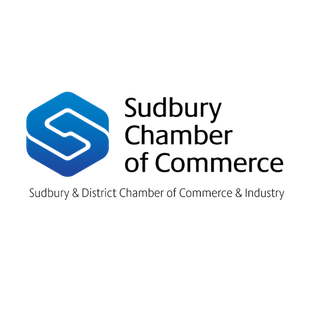 The logo for the sudbury chamber of commerce is blue and white.