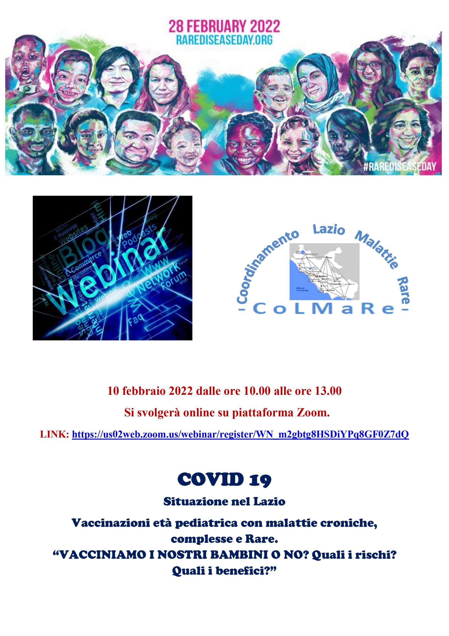 Annuncio tramite webinar sui vaccini contro il Covid-19 con volti, loghi e dettagli dell'evento diversi.