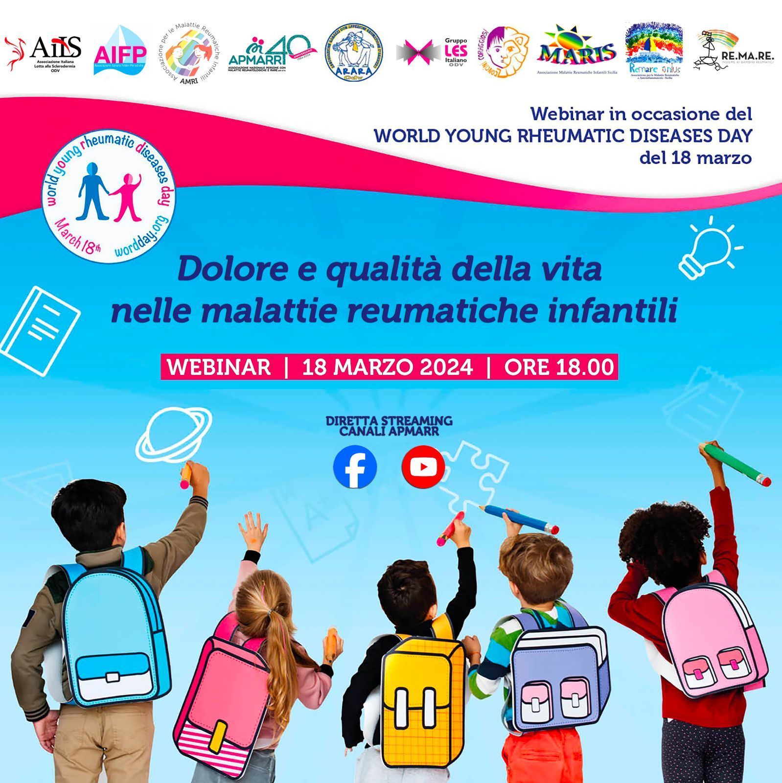 Manifesto per un webinar sulle malattie reumatiche infantili. Mostra bambini con zaini che scrivono su una lavagna.