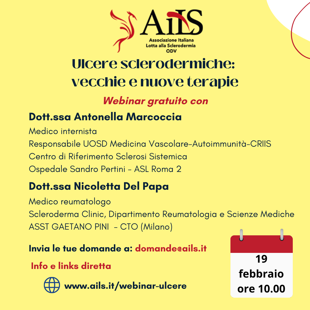 Webinar announcement on scleroderma ulcers: featuring doctors Antonella Marcoccia and Nicoletta Del Papa. February 19, 10:00 AM.