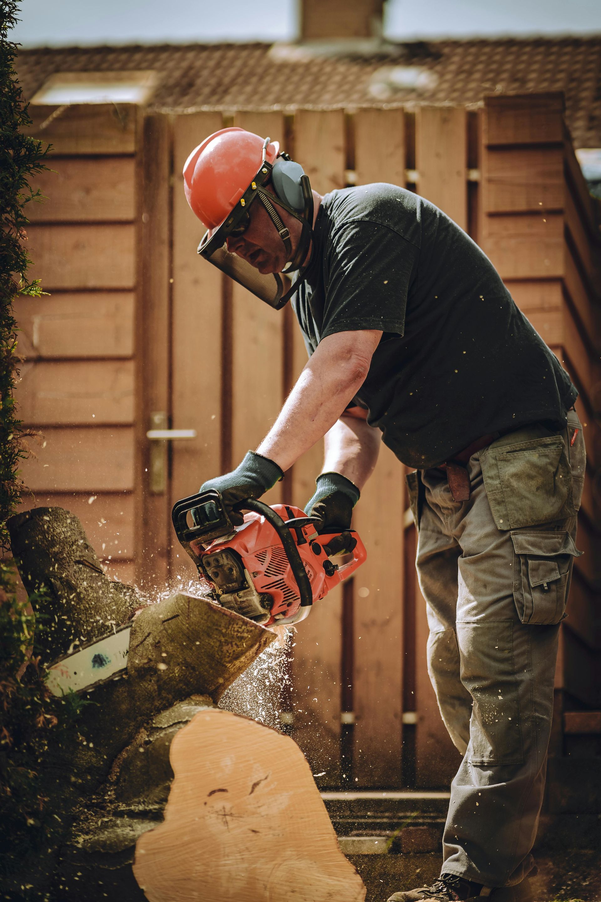 Man wearing safety gear cutting a tree trunk with a chainsaw in a backyard setting.