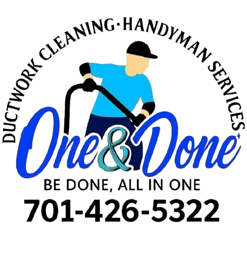 Logo for "One & Done" service. Man in blue cleaning ducts, phone number, and text "Be done, all in one."
