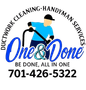 Logo for "One & Done" service. Man in blue cleaning ducts, phone number, and text "Be done, all in one."