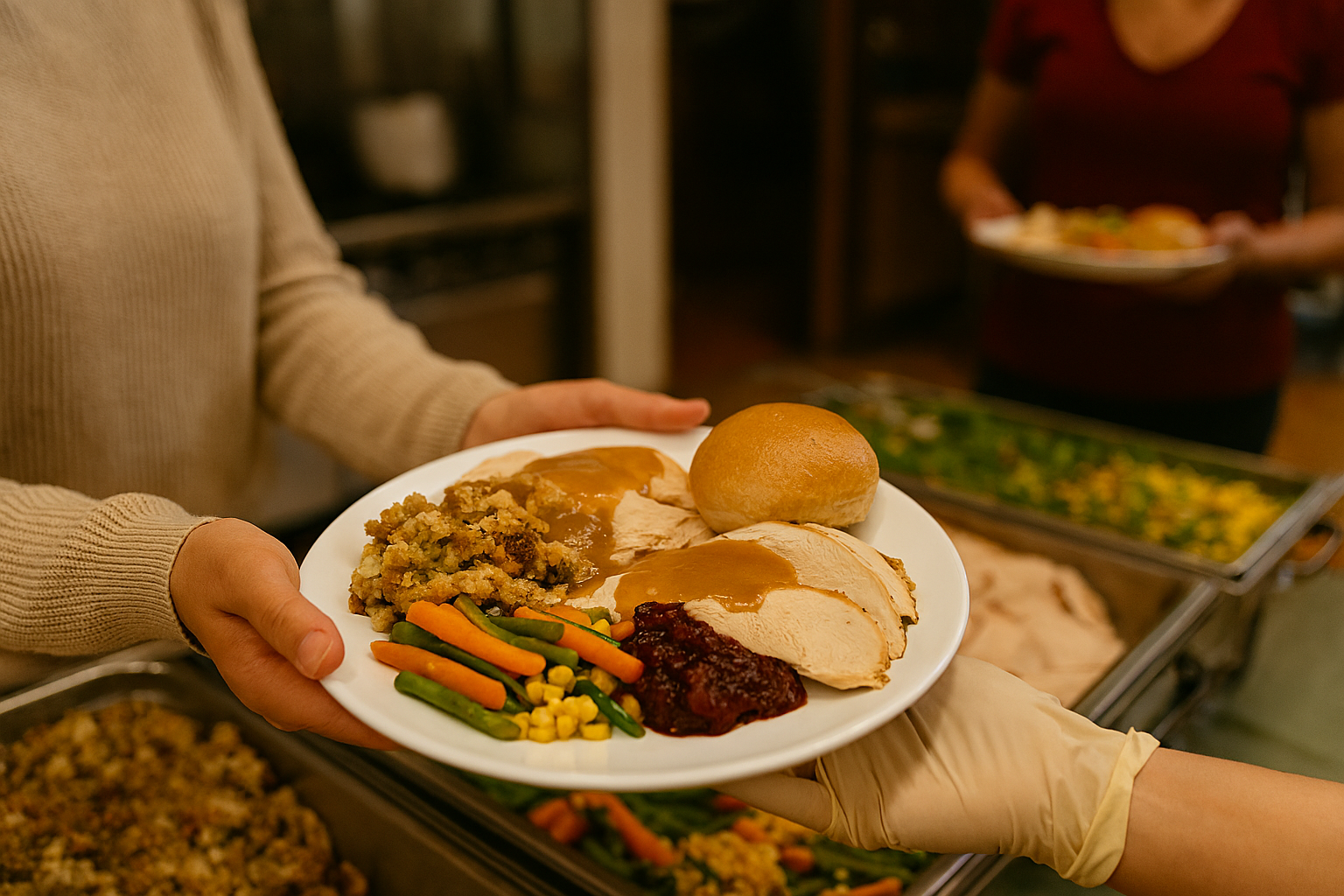 Plate of Thanksgiving meal being served: turkey, stuffing, vegetables, cranberry sauce, roll.