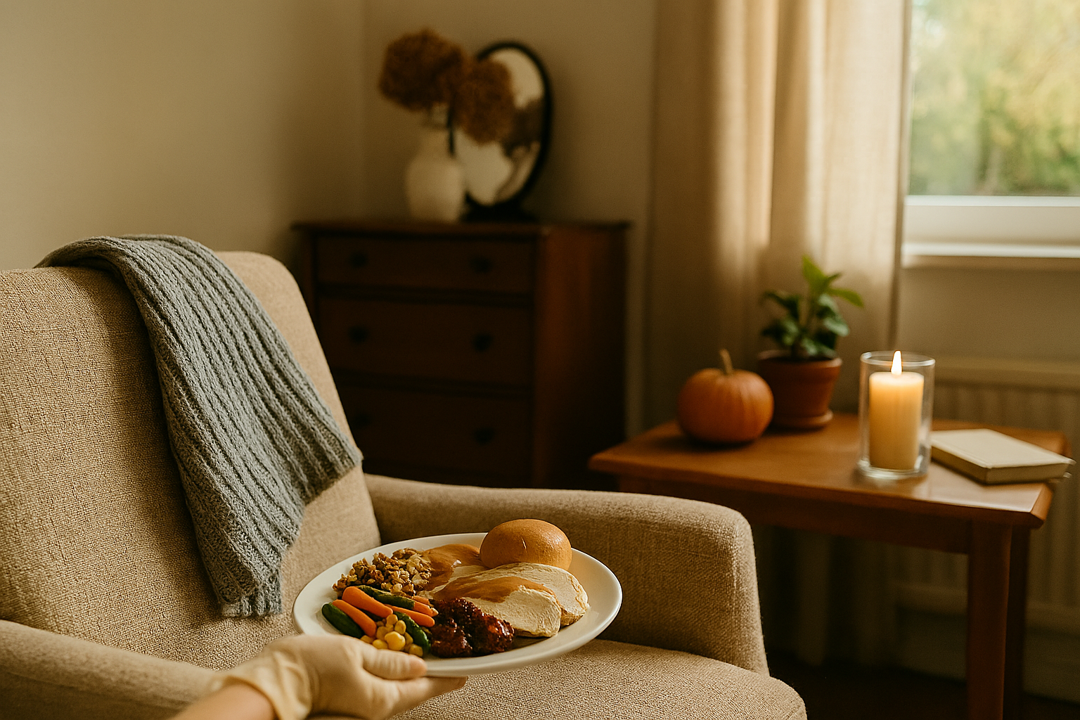 Plate of Thanksgiving food on an armchair, with blanket, side table with candle and pumpkin.
