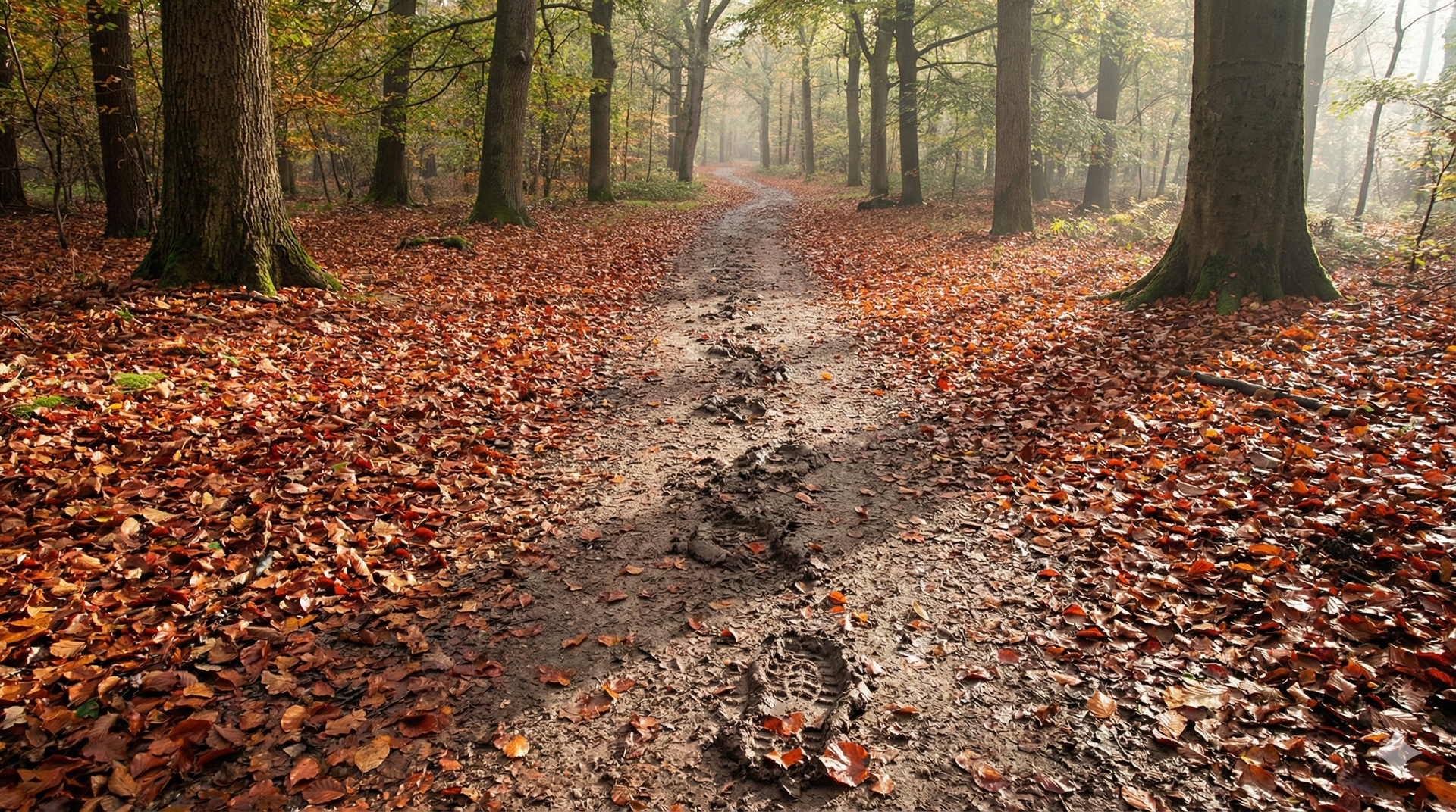 Muddy path through a forest, covered in fallen brown leaves. Trees line either side of the path.