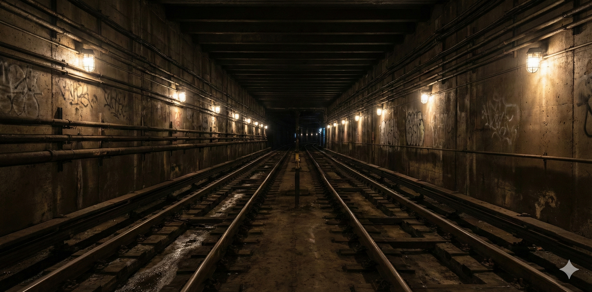 A dark subway tunnel with parallel tracks leading into the distance, lit by overhead lights on both sides.