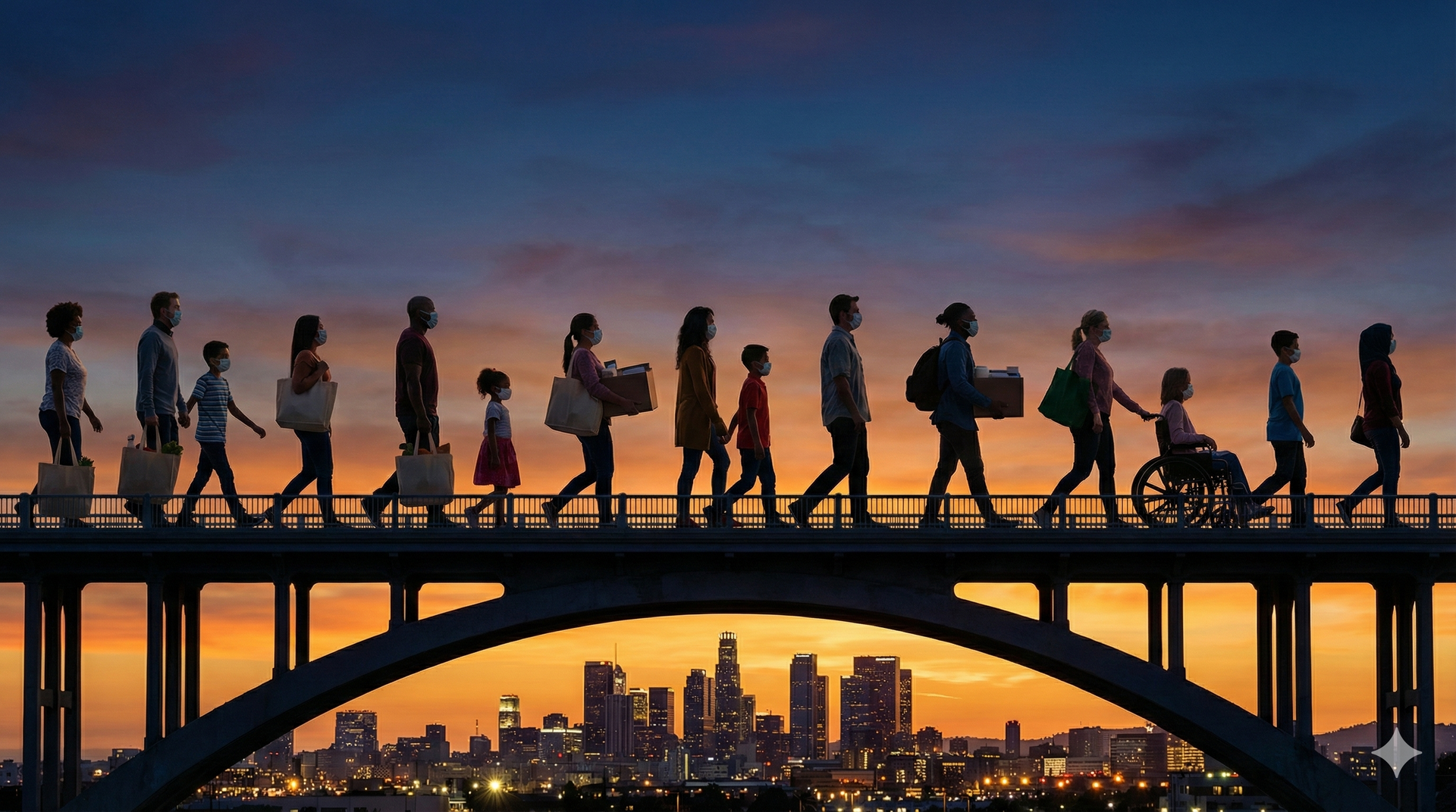 Silhouetted people walking across a bridge carrying bags and boxes at sunset, city in the background.