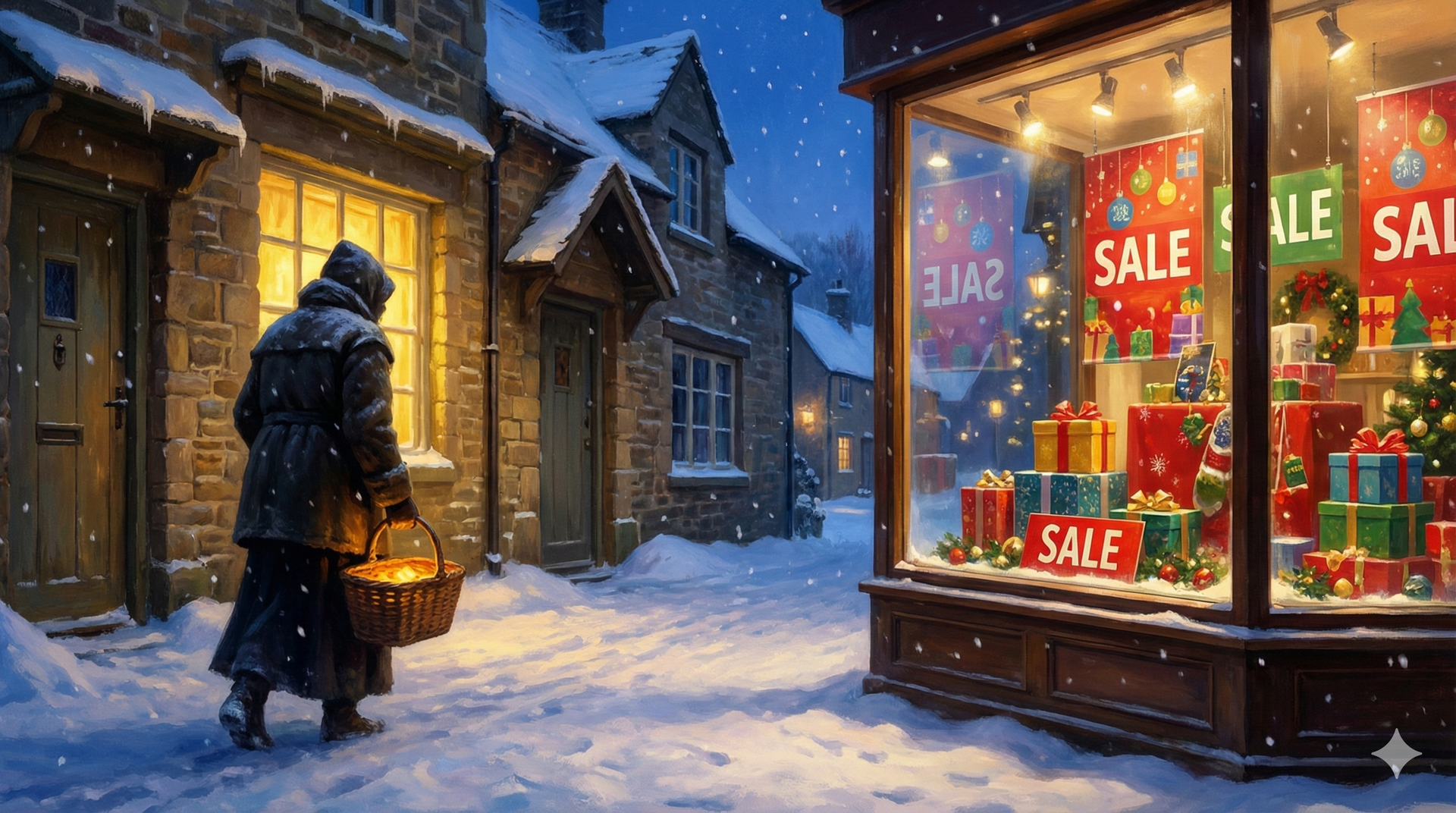 A person walks with a basket in a snowy village street, past a shop window displaying Christmas gifts on sale.