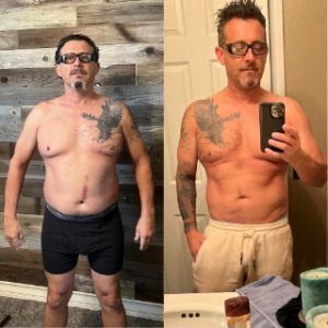 A before and after picture of a man taking a selfie in a bathroom.