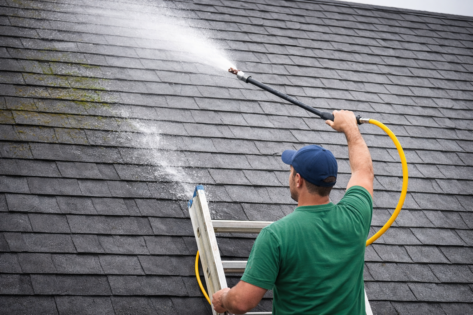 Man on ladder pressure washing a dark shingle roof, spraying water.