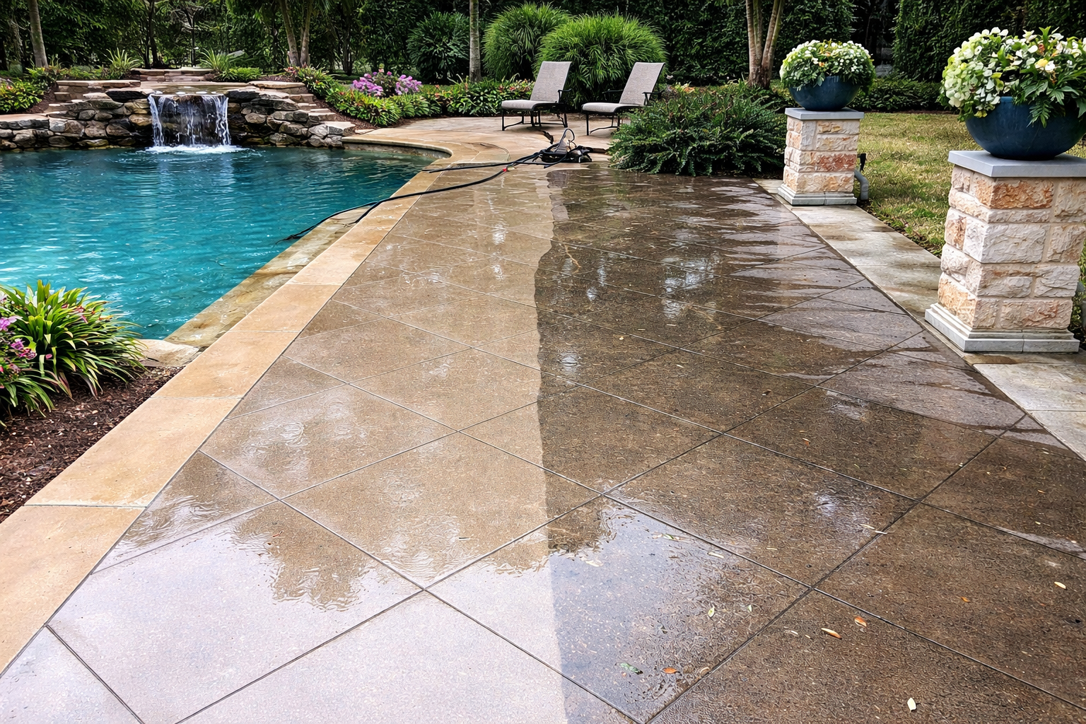 A power-washed patio beside a pool with a waterfall, showing before and after cleaning.