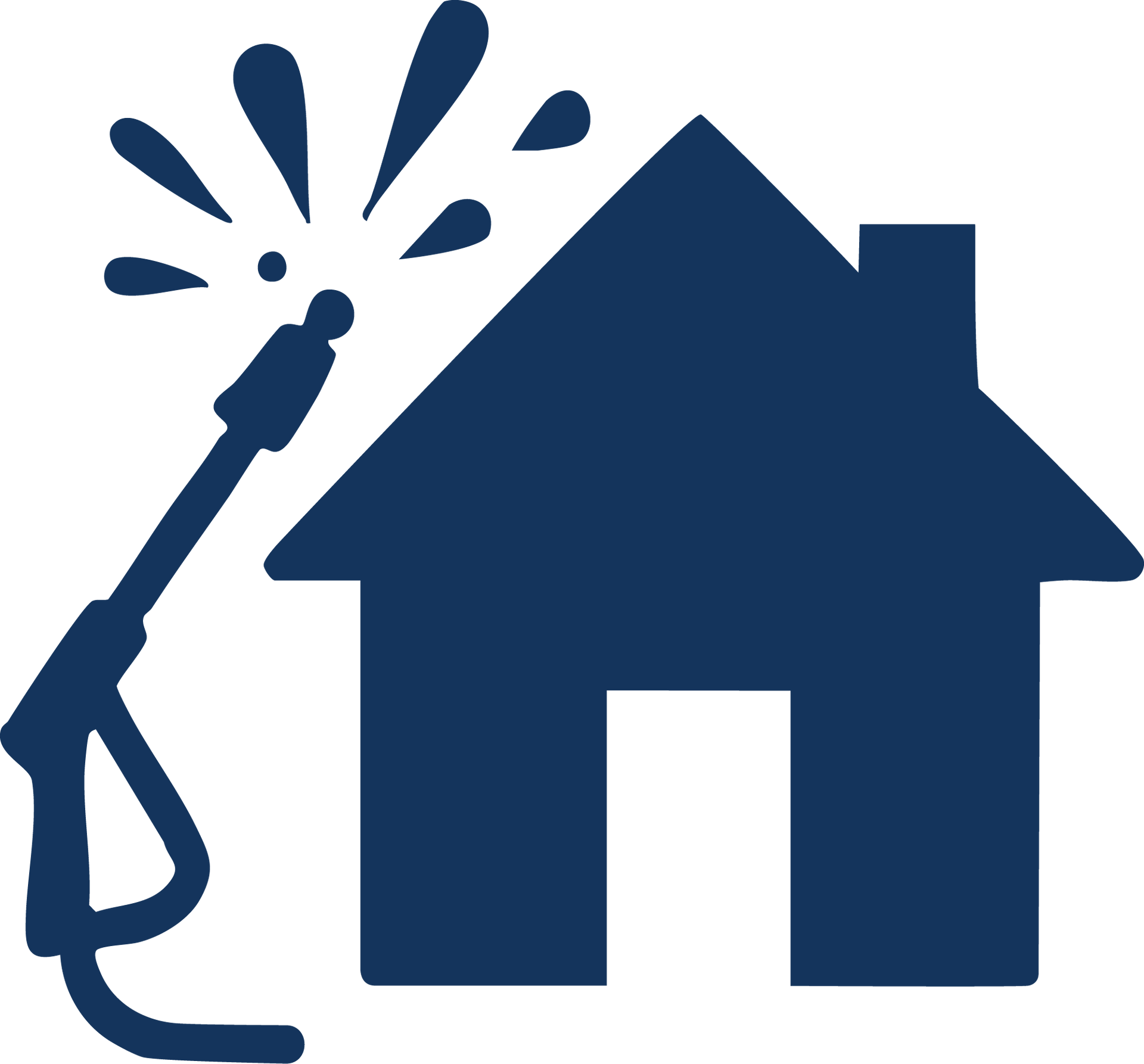 Blue house being cleaned with a pressure washer.